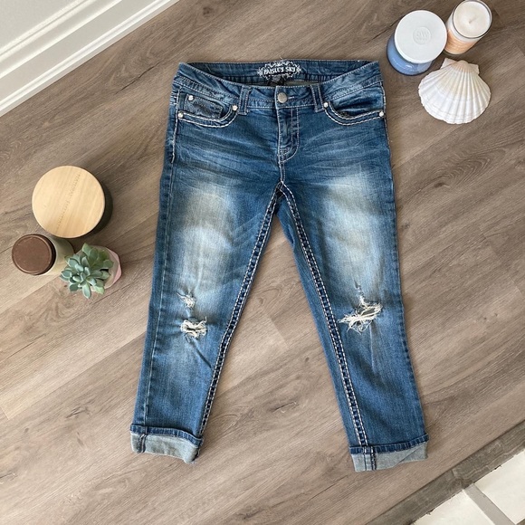 embroidered capris embellished cropped distressed denim jeans | paisley sky - Picture 2 of 8